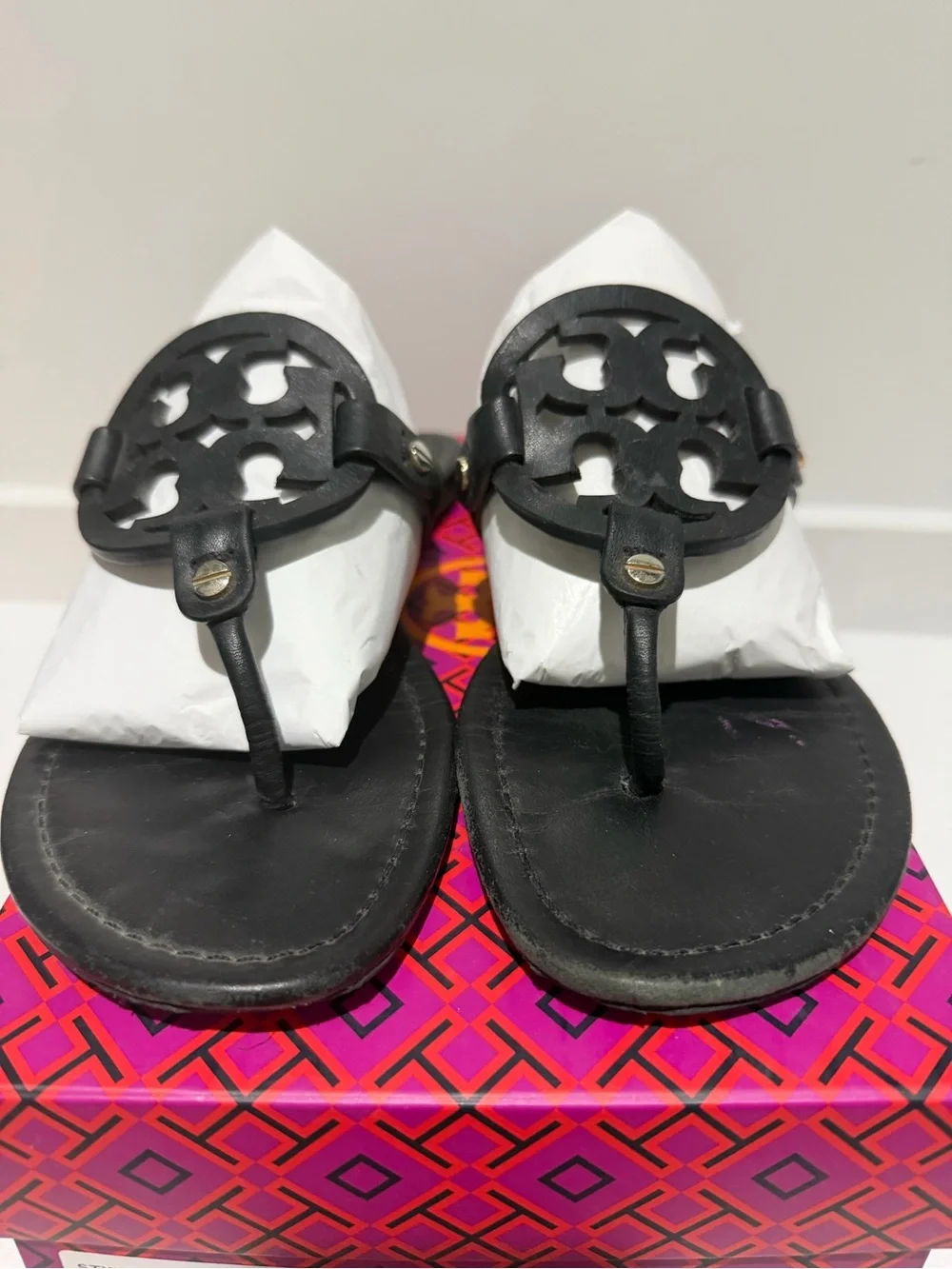Tory Burch Black Leather Miller Logo Thong Sandals